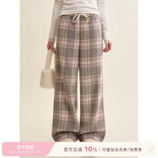 蕾丝拼接抽绳宽松直筒加厚休闲裤 过冬加绒 洋裁格纹 Kroche