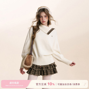 不规则翻领 Kroche 羊毛混纺 复古格调 格纹拼接套头毛衣 25aw