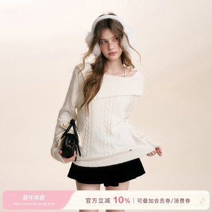 珍珠一字肩斜翻领针织毛衫 Kroche 浣熊绒羊毛兔绒 云端软绒 25aw