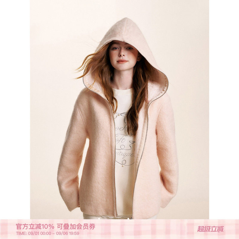 卢昱晓同款 Kroche「60羊毛」柔雾蜜桃粉宽松双拉链保暖毛呢外套