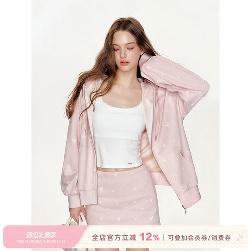 Kroche  奶油玫瑰 玫瑰印花 连帽宽松卫衣外套+裙裤