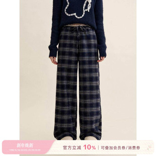 蕾丝拼接抽绳宽松阔腿加厚休闲裤 过冬加绒 洋裁格纹 Kroche