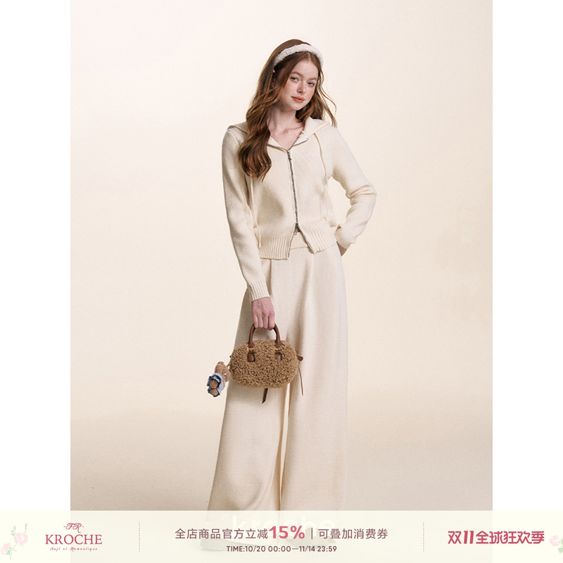 Kroche  慵懒法式 羊毛混纺 刺绣双拉链保暖针织外套长裤套装