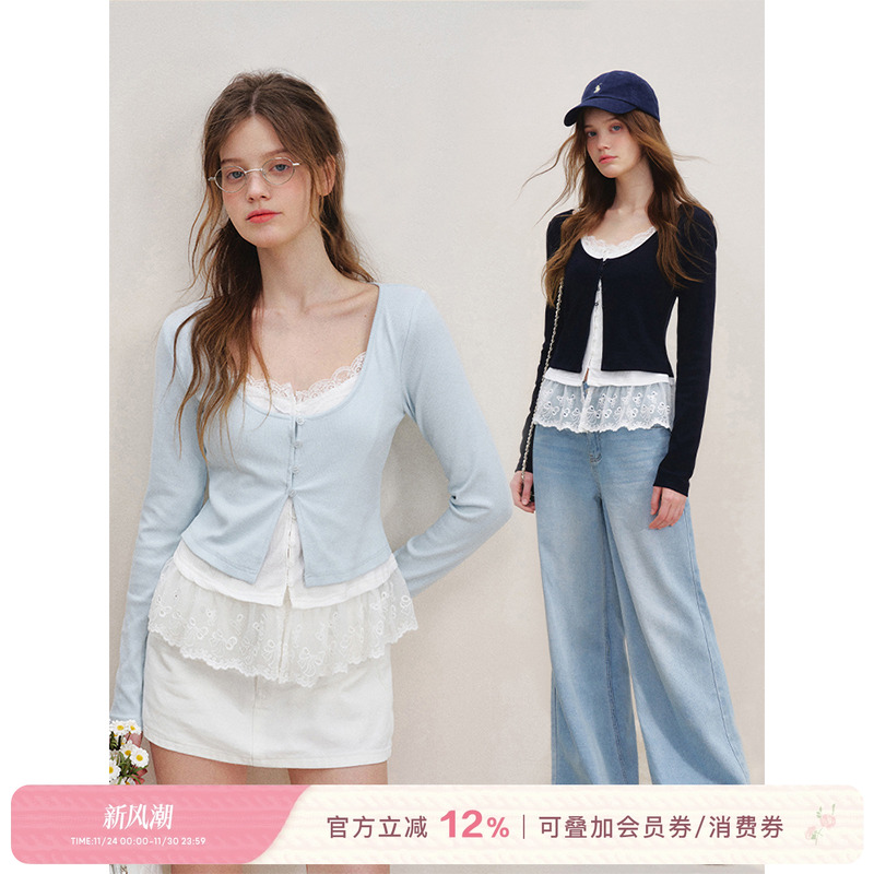 蕾丝拼接撞色U领假两件开衫上衣