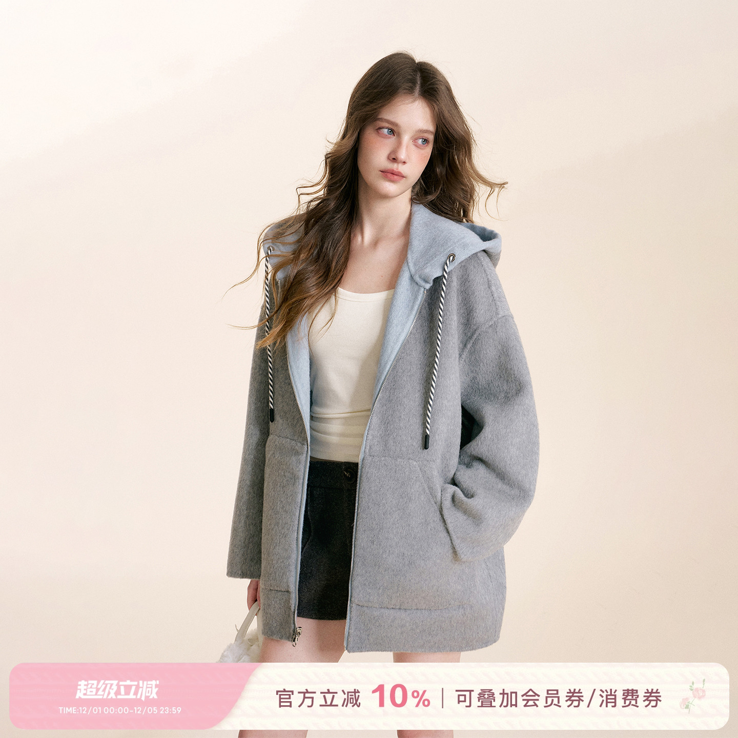 50羊毛连帽宽松廓形双面呢外套