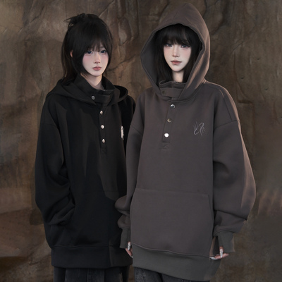 半排扣立领小众休闲连帽上衣