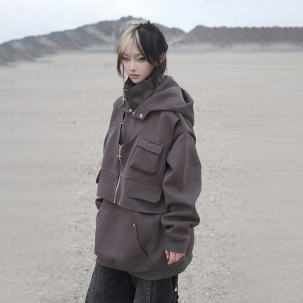 ZCNT逅来者-秋季美式假两件解构多口袋工装连帽男女上衣