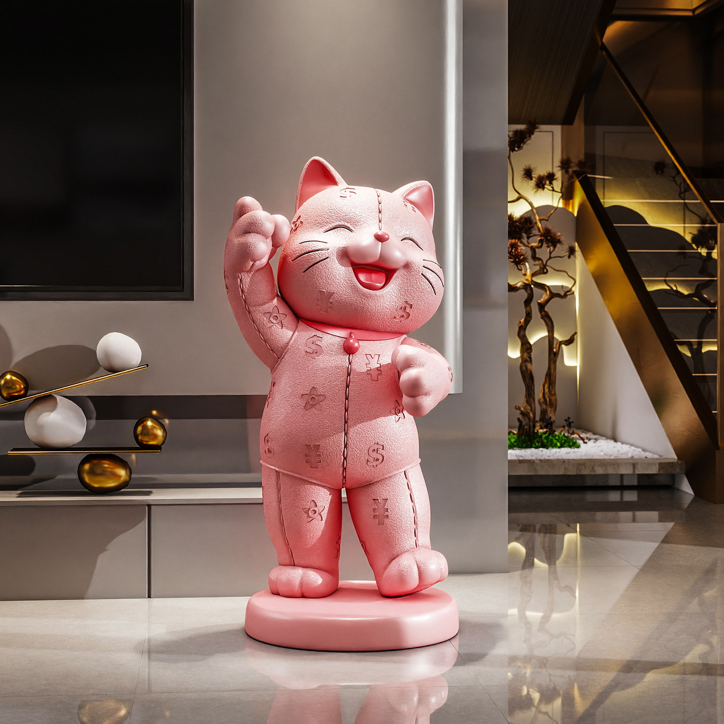 网红皮纹招财猫落地大摆件客厅电视柜旁高级感装饰品乔迁之喜礼品