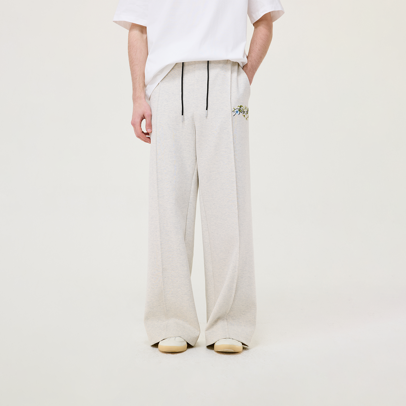 花卉刺绣直筒宽松针织休闲长裤