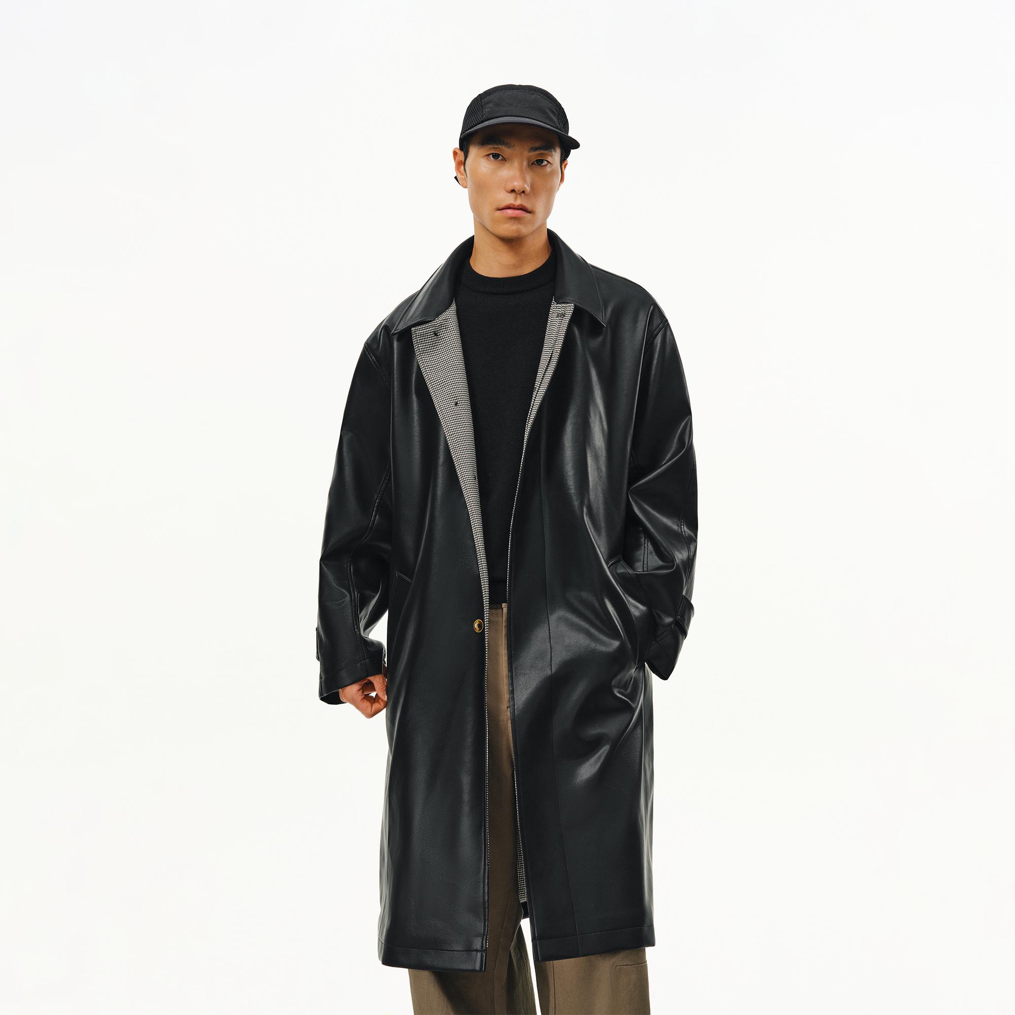 翻领长款皮衣外套大衣机车皮夹克