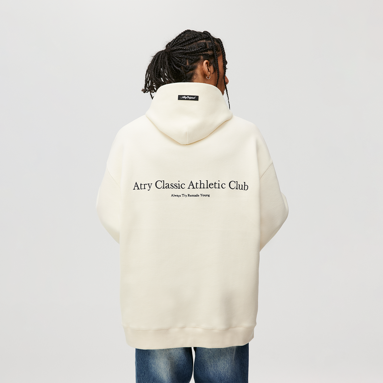 华夫格刺绣字母标语连帽卫衣