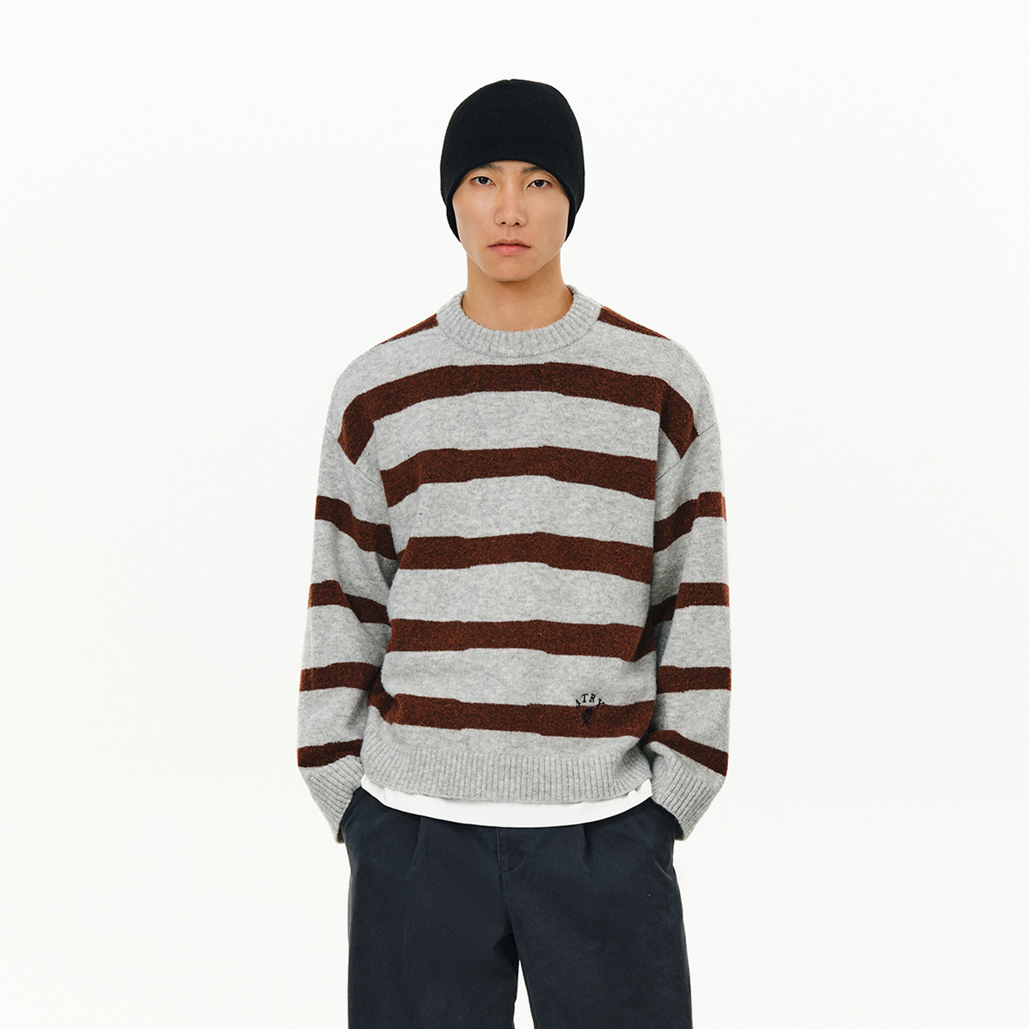 ATRY撞色条纹圆领毛衣男国潮牌美式复古宽松休闲套头情侣针织衫女