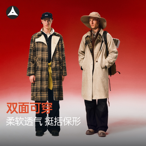 风衣外套男美式翻领麂皮格纹开衫