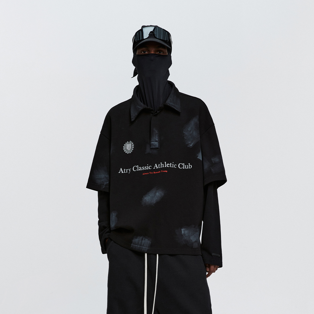 美式复古脏染刷漆假两件长袖t恤