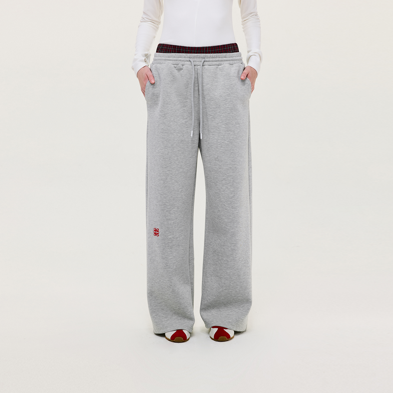 双腰头格纹拼接假两件长裤