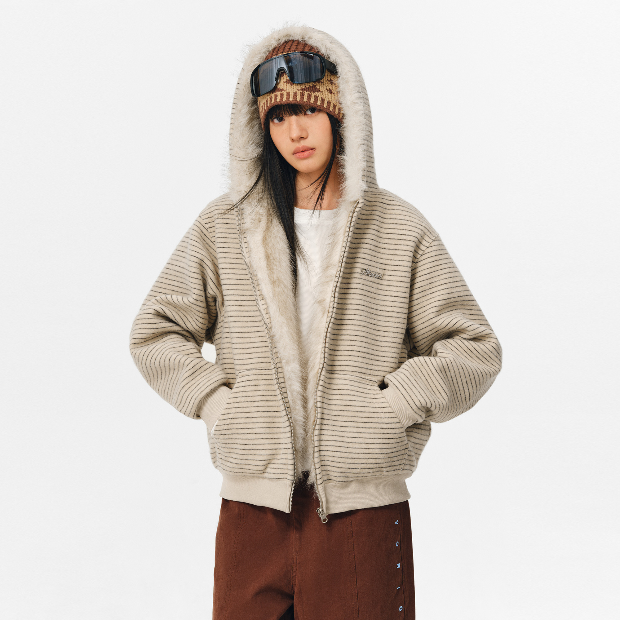 ATRY条纹座山雕连帽棉衣男士冬季新款户外加厚保暖夹棉复古外套女