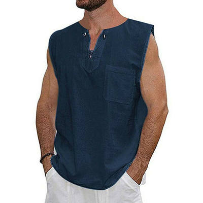 Fashion Summer Mens Cotton Linen T Shirt Sleeveless Linen He