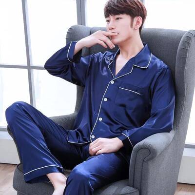 Men Pajama Sets Silk Satin Pijama Turn-down Collar Sleepwear