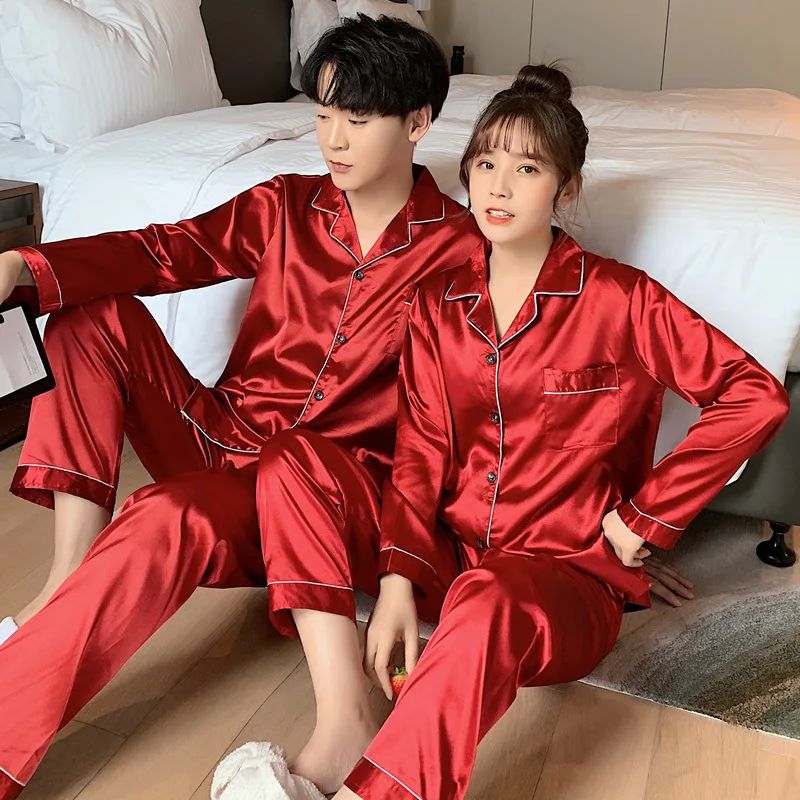 Solid Color Sleepwear Silk Satin Pajamas Couple Set Long But