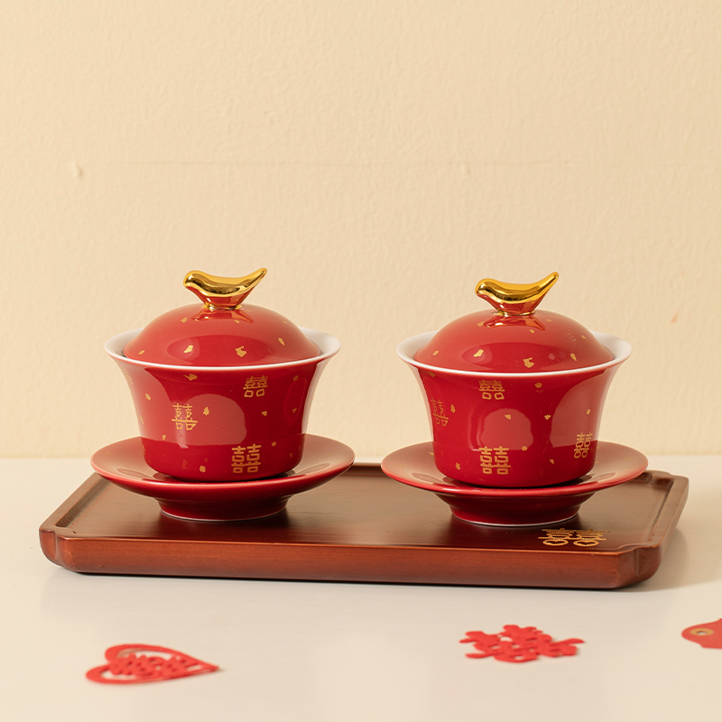 结婚用品大全敬茶杯喜碗喜壶碗筷套装女方陪嫁创意红色陶瓷碗一对