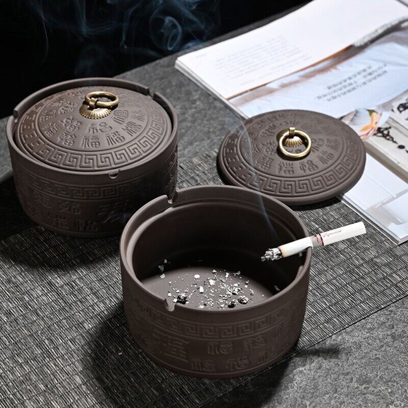 酒店客厅烟灰缸带盖家用茶几烟味百福新防创意飞灰防高档复古紫砂