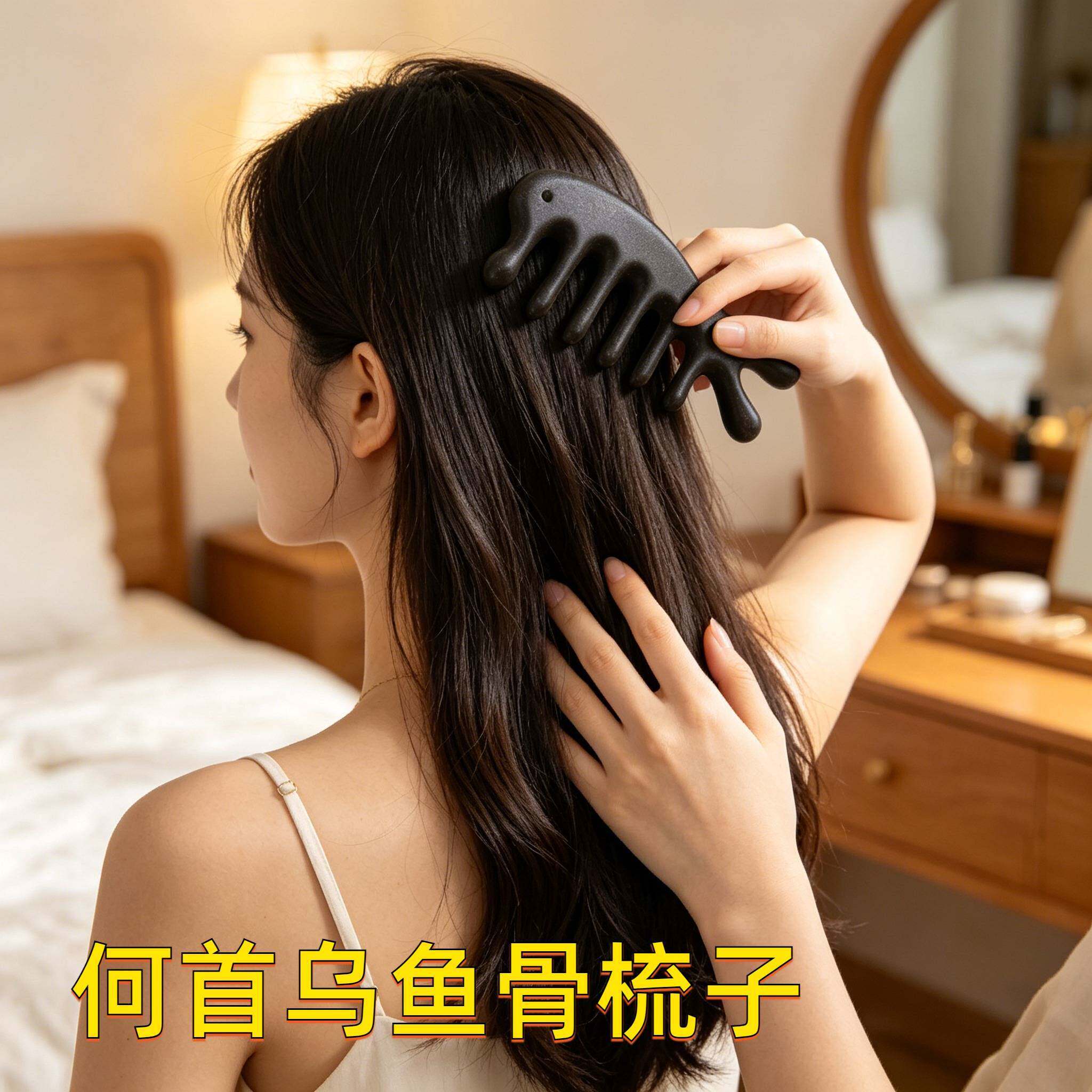鱼骨梳何首乌古法手工合香珠发梳按摩梳天然中药材梳子 按摩梳