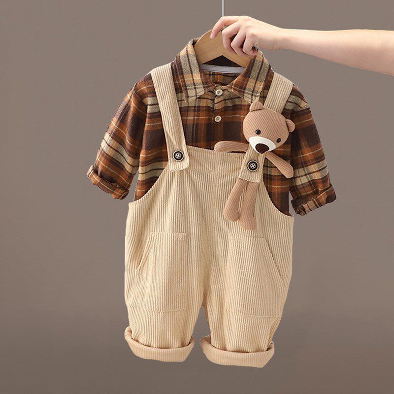 婴儿衣服秋季2023新款超萌小熊背带裤套装一岁男宝宝幼儿长袖秋装