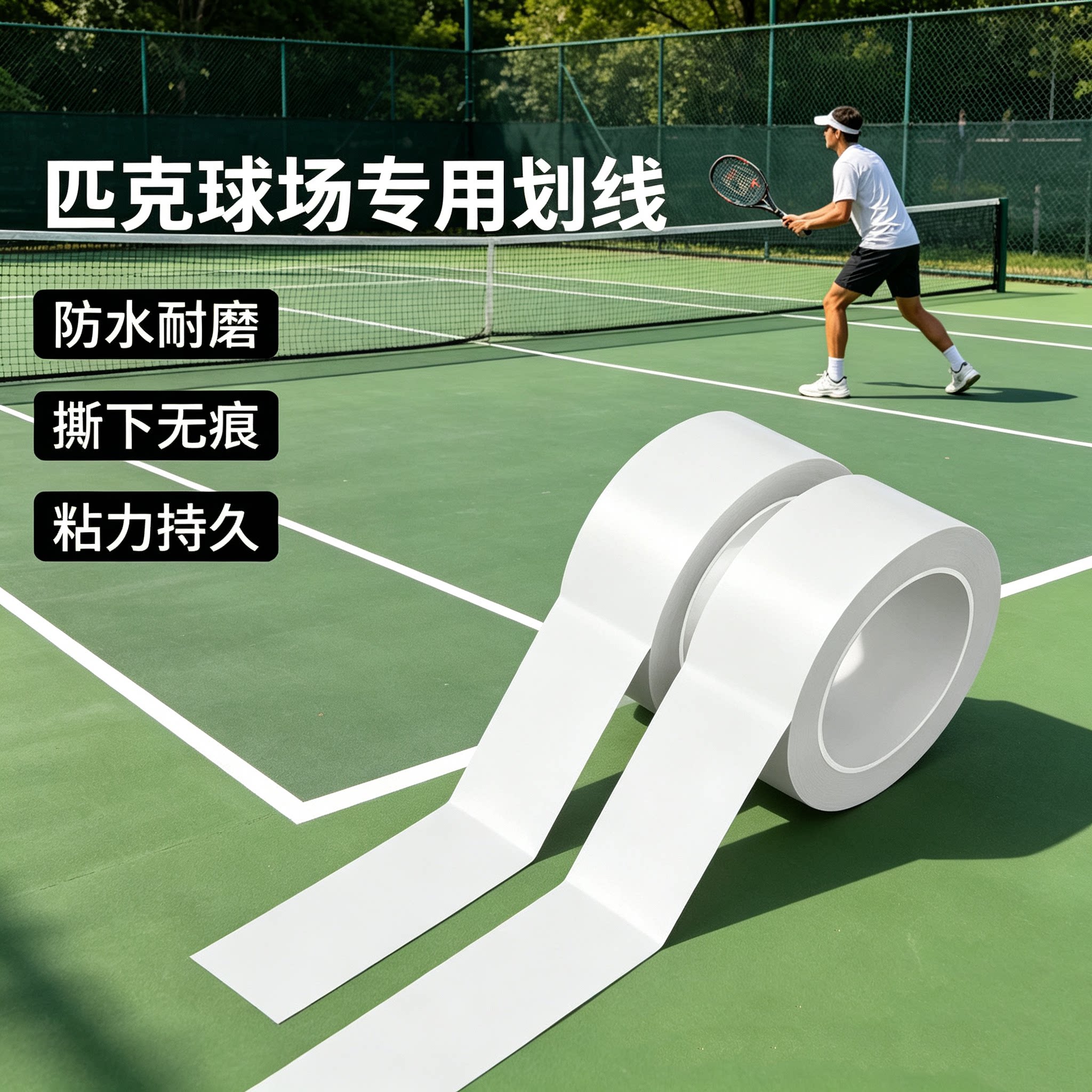 羽毛球排球匹克球场地边界线标识贴高粘强力pvc白色地板胶带室内外运动场地画线定位专用地标贴篮球场地胶贴图片