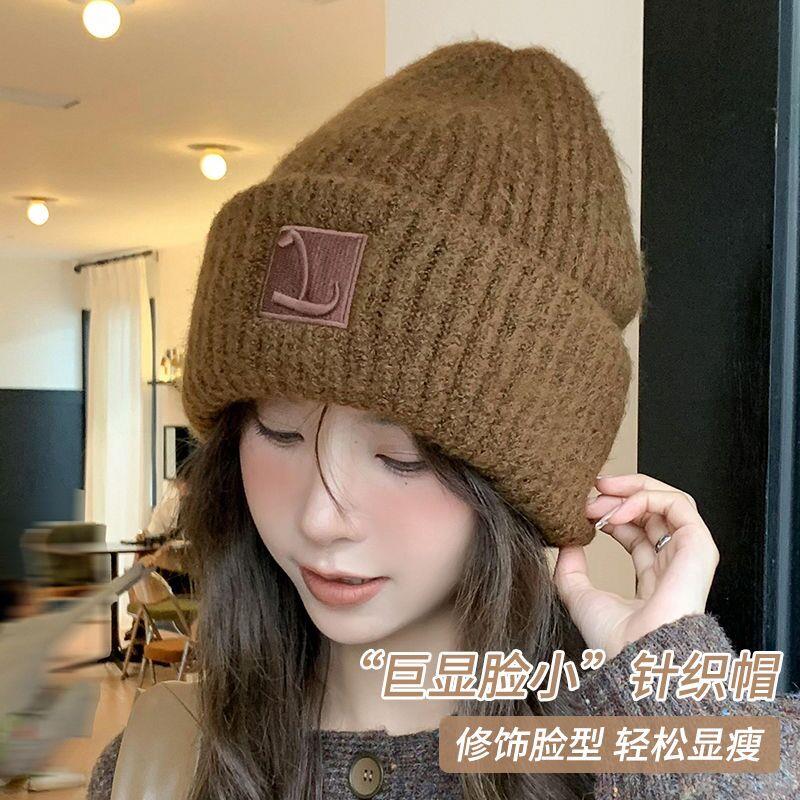 秋冬新品刺绣大头围针织帽宽松保暖百搭帽子女冷帽显脸小护耳暖和