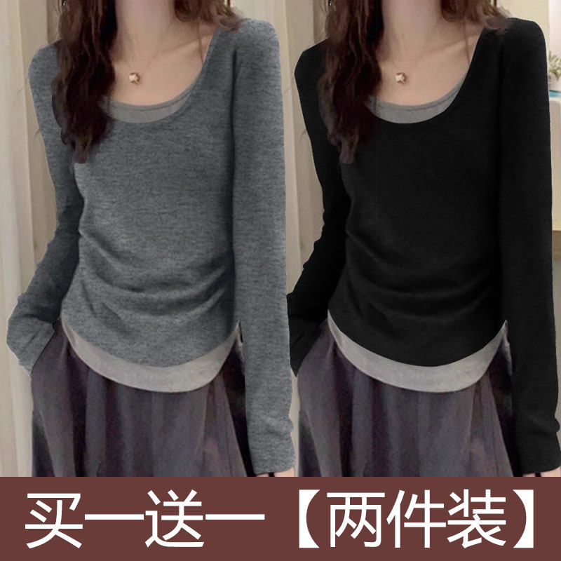 单/两件秋冬新款圆领假两件撞色长袖t恤女修身内搭设计感小众上衣