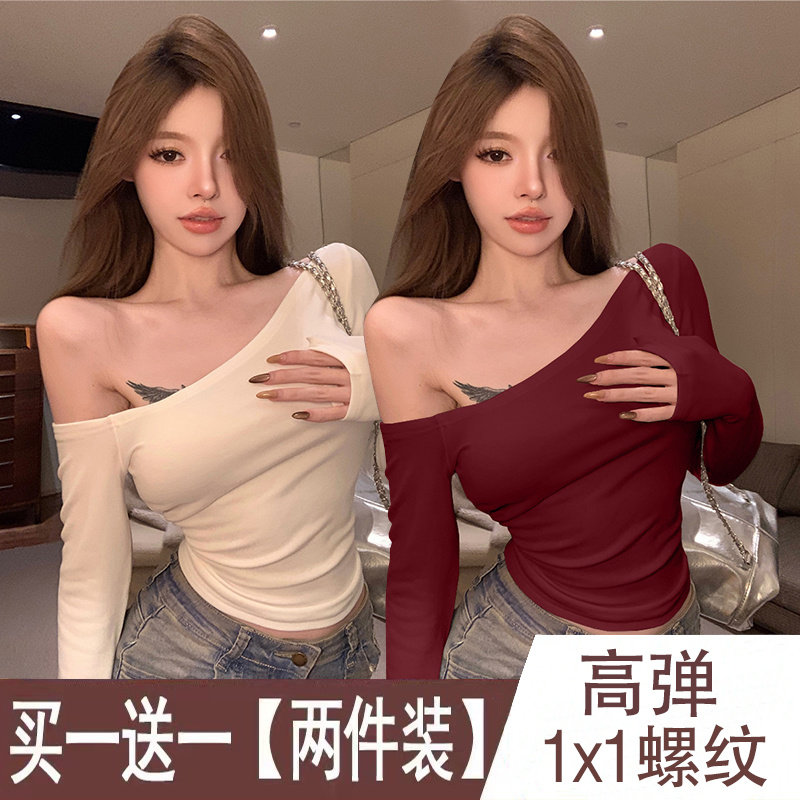 纯欲性感斜肩长袖秋冬修身上衣女图片