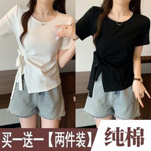 单/两件 白色不规则下摆短袖T恤女夏季新款修身显瘦高级感上衣潮
