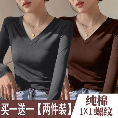 v领别致打底衫纯棉长袖T恤上衣女
