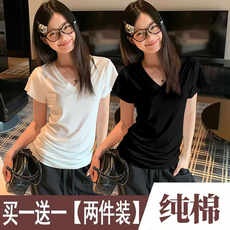韩系正肩v领短袖t恤女纯棉打底衫