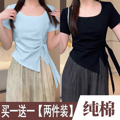 正肩短袖T恤女夏季收腰显瘦上衣