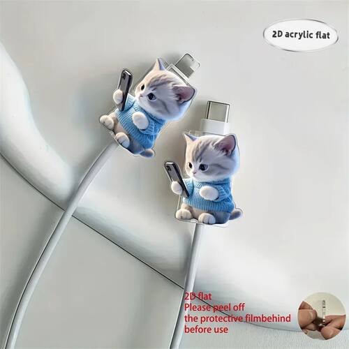 2D Flat 2pcs Cute Cat Phone Charger Cable Protectors