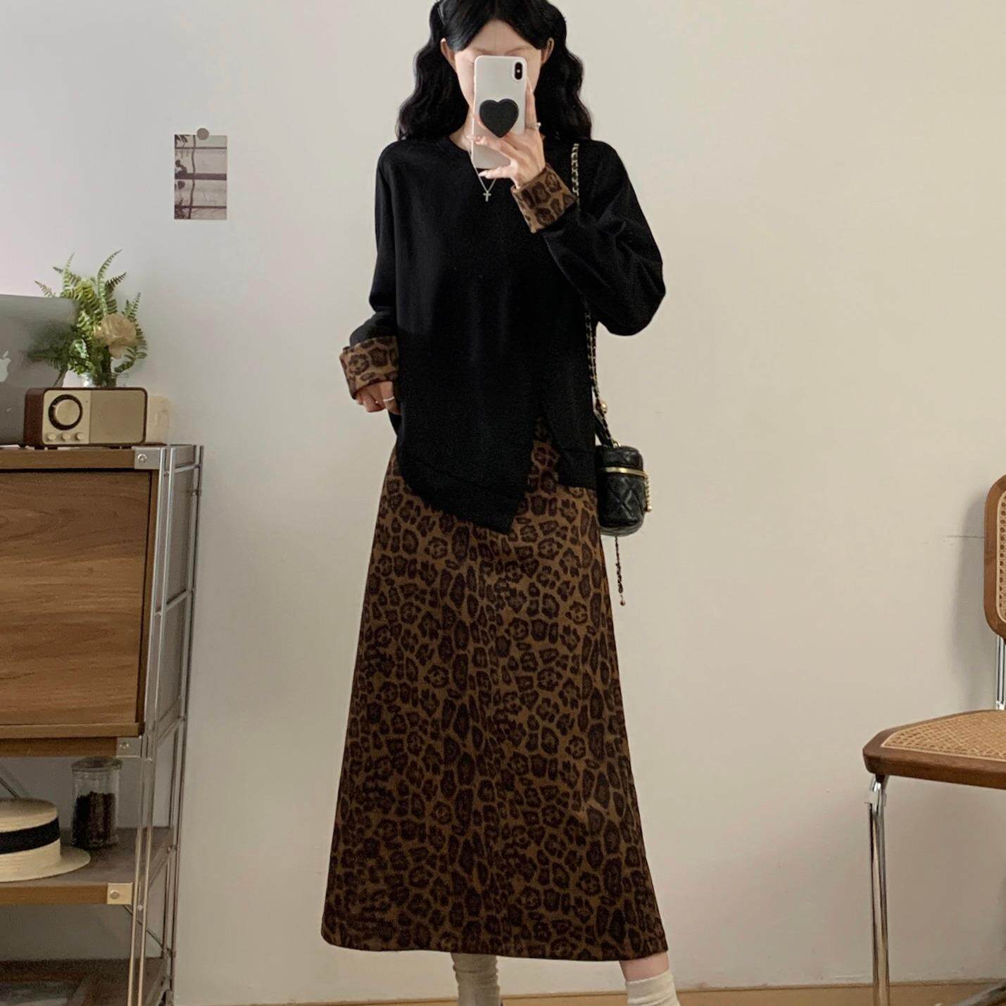 MONLOUVE大码时尚法式套装女2025秋新款胖MM显瘦卫衣豹纹半身裙洋