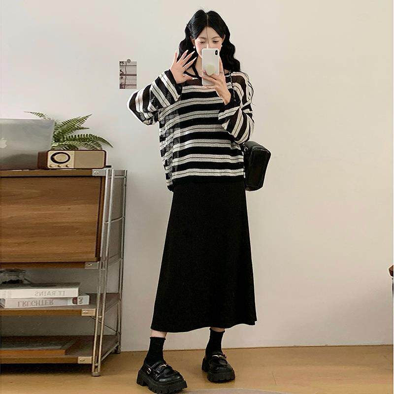 MONLOUVE大码叠穿套装女条纹罩衫背心裙子两件套胖mm巨显瘦早秋穿