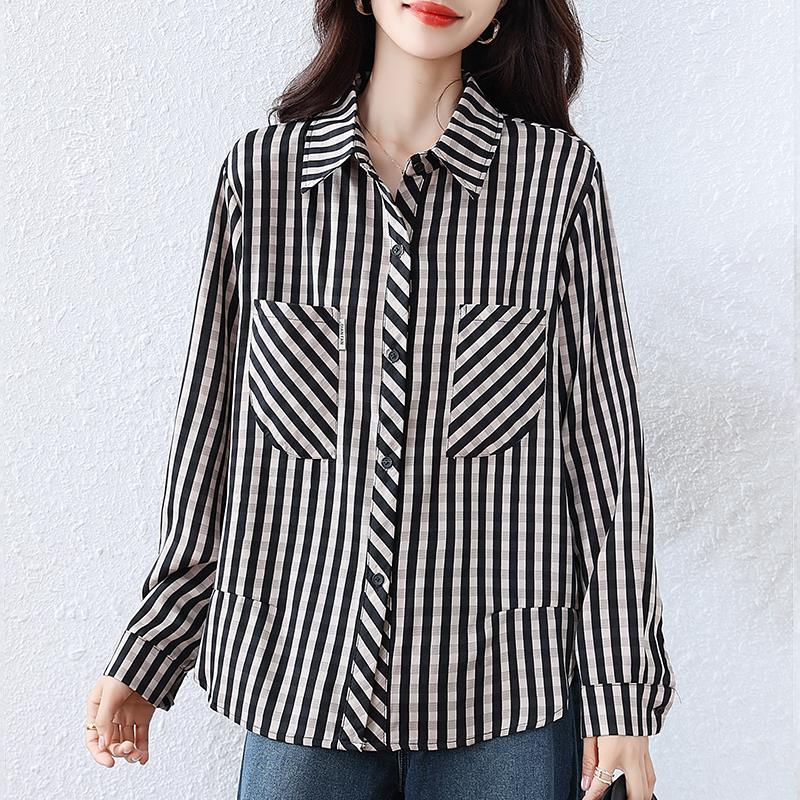 MONLOUVE大码女装2025秋季新款胖mm时尚法式百搭显瘦条纹格子衬衫