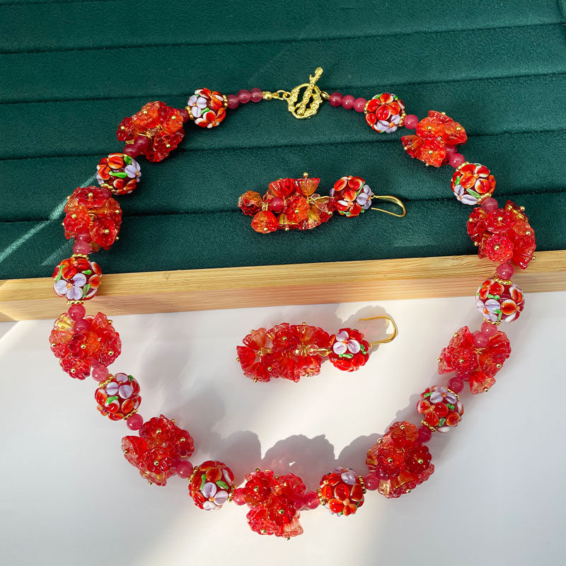 中古vintage红色花瓣琉璃意大利老奶奶重工串珠西洋项链耳坠套装图片