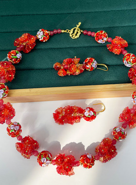 中古vintage红色花瓣琉璃意大利老奶奶重工串珠西洋项链耳坠套装