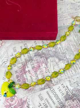 中古vintageg黄色琉璃玉米苹果清新森林立体甜美可爱气质项链配饰