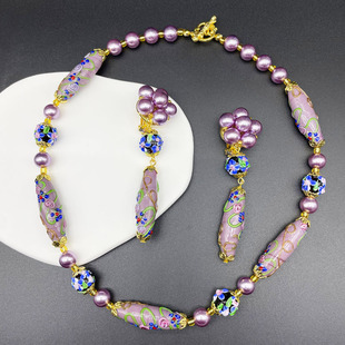中古vintage立体穆拉诺琉璃西洋印花珍珠蛋糕紫色项链耳夹套装
