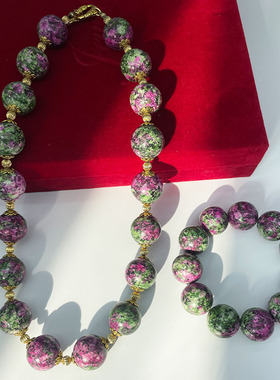 中古vintage红绿宝圆珠彩色石头云霞清新复古项链手链套装新中式