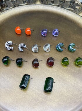 欧美港风高级感晕染纹理C形双圈耳环手工琉璃耳钉复古绿色耳圈