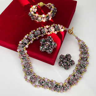 中古vintage穆拉诺紫色花朵琉璃古董西洋耳夹手链项链套装