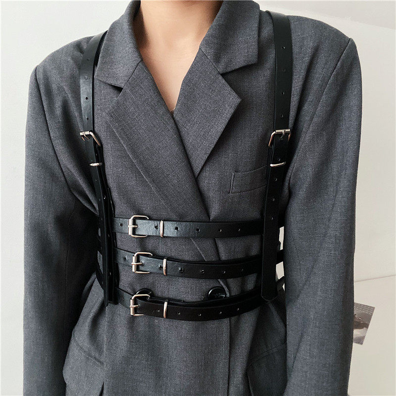 背带式腰带女装饰束腰宽欧美朋克ins风配裙子西装JK衬衫腰封黑色