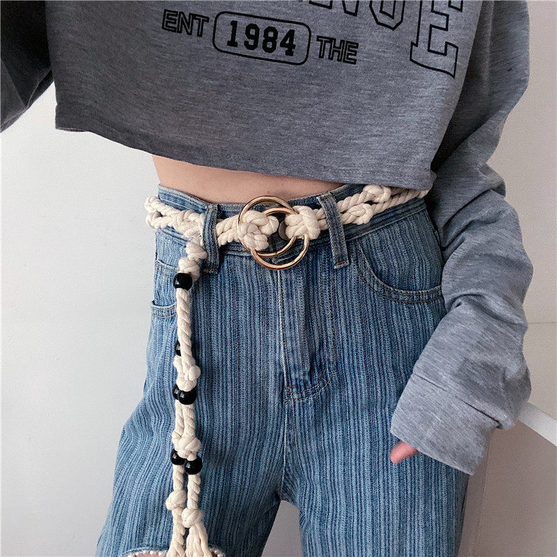 高级感韩版麻绳编织民族风皮带女双环扣个性百搭时尚牛仔裤腰带潮