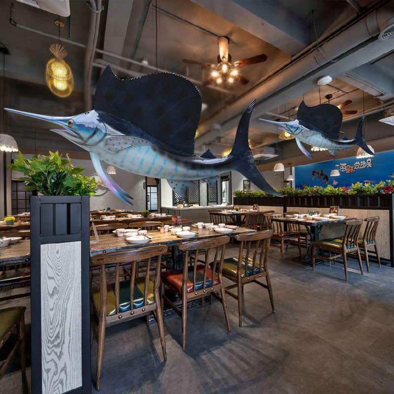 剑鱼模型仿真海洋鱼雕塑海鲜餐厅冰台装饰摆件玻璃钢旗鱼空中吊饰