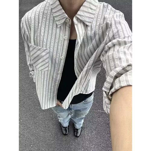 高街条纹泡泡纱春季男款长袖衬衫